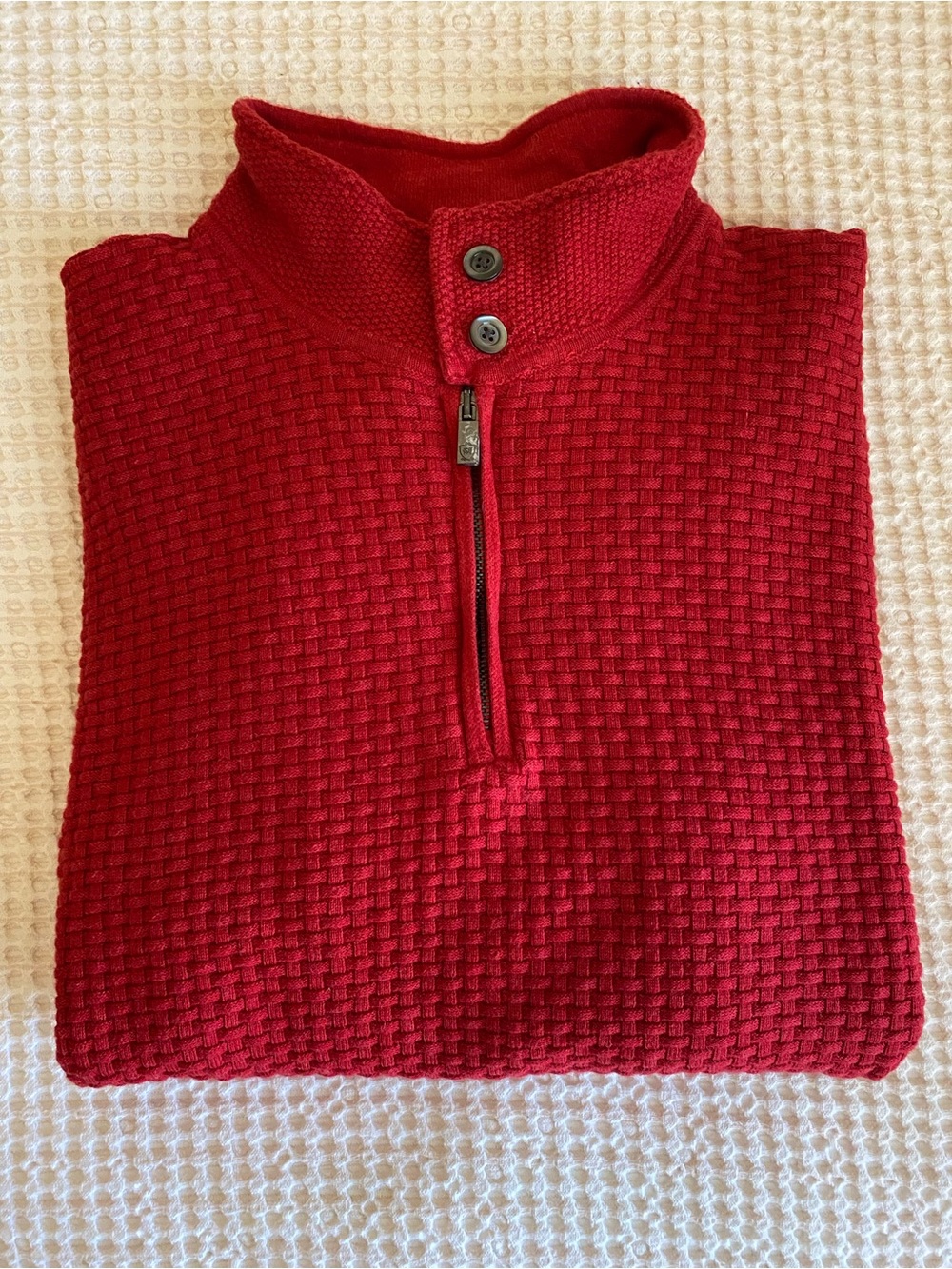 MASSIMO DUTTI Cotton-Cashmere Blend Quarter-Zip Textured Knit Sweater in Red - M